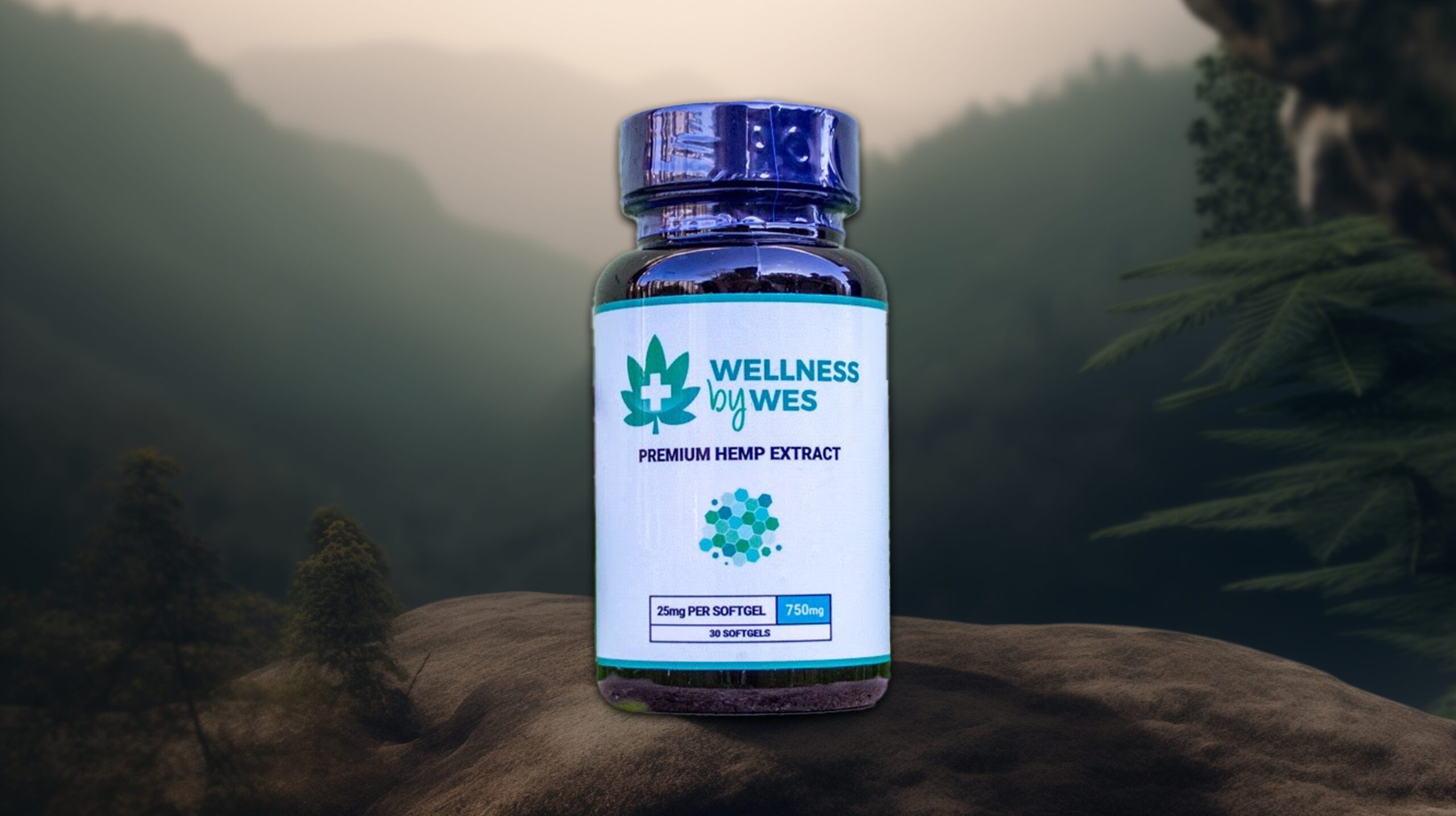 A bottle of Wellness by Wes Premium Hemp Extract softgels, displayed on a natural, earthy terrain with a backdrop of lush greenery and mist.