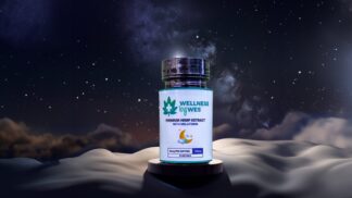 Bottle of DreamSerenity™ Sleep Formula Softgels against a serene, starry night background.