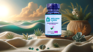 Bottle of Wellness by Wes Pain Relief Formula with Curcumin, 750mg, on a tranquil beach backdrop with soft waves and desert flora.