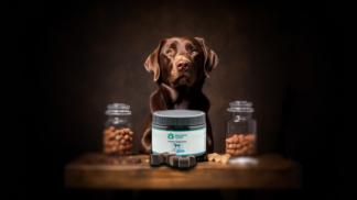 Attentive brown Labrador retriever sitting behind a container of Wellness by Wes CBD Dog Treats - 60mg Beef Flavor, flanked by jars of dog treats on a wooden surface.
