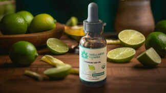 Bottle of Wellness by Wes Premium CBD Oil with Key Lime flavor, surrounded by fresh limes on a wooden table.
