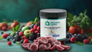 A jar filled with colorful Sleep CBD Gummies in mixed berry flavors.
